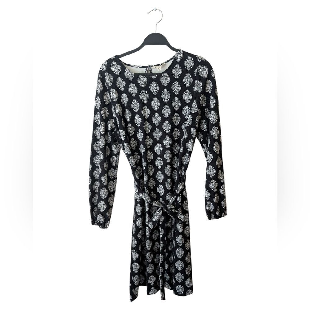 Boden Violet‎ Ponte Shift Tie Waist Black Mosaic Dress Size 14L Tall Long - Picture 2 of 11